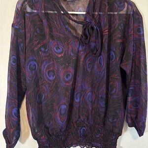 Grunge Sheer MK Peacock Feather Print Retro Indie Top Purple Black - Size Medium